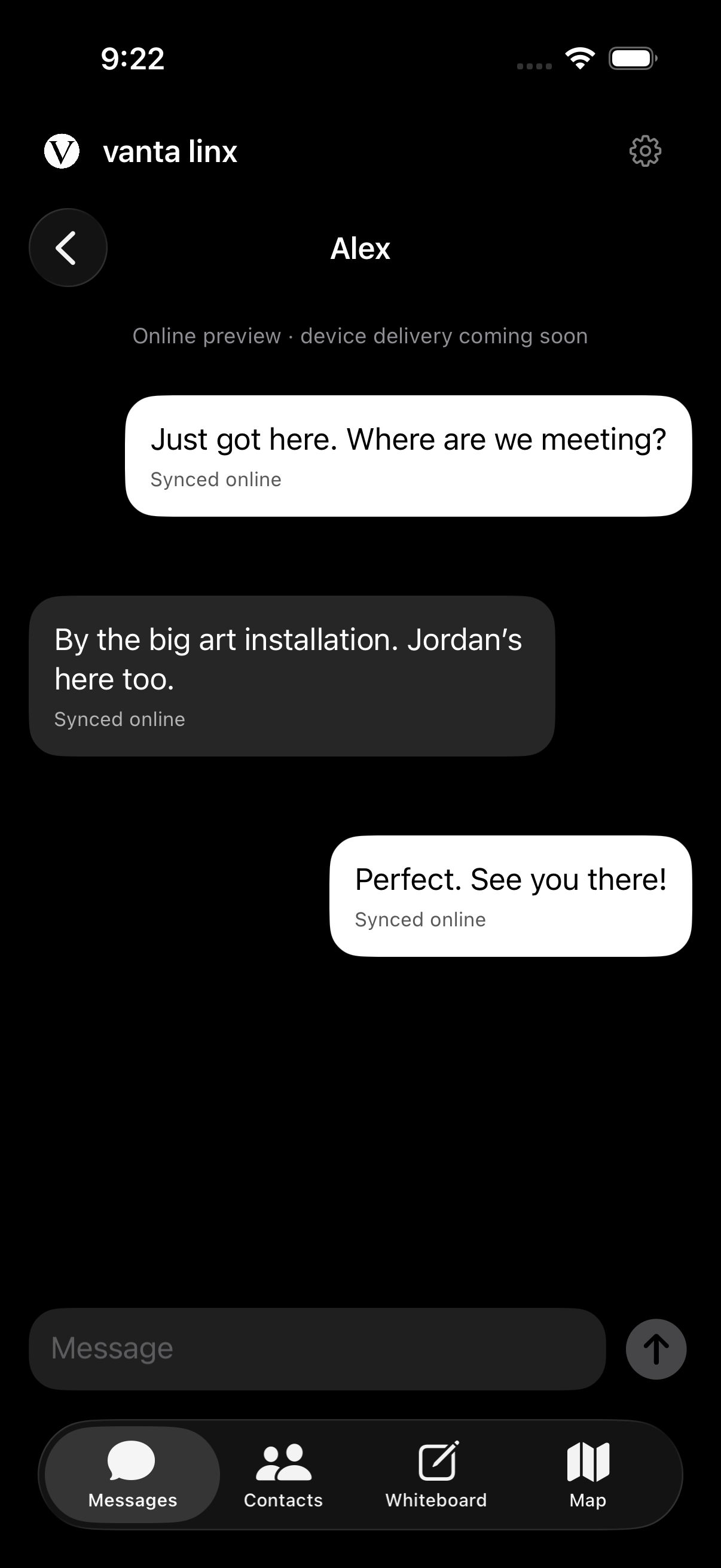 Vanta Messages screen with fictional conversation